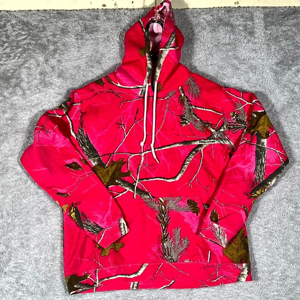 Realtree Hoodie Womens Medium Hot Pink Cotton Camo Tree Branch Print Long Sleeve